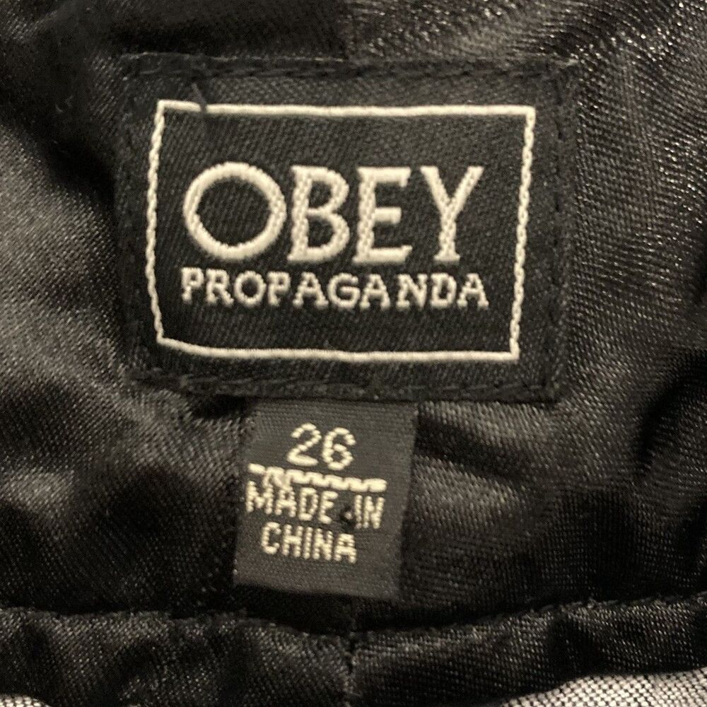 OBEY Propaganda Light Grey Denim Studded Mini Skirt Size 26 Logo Pockets - Picture 4 of 12